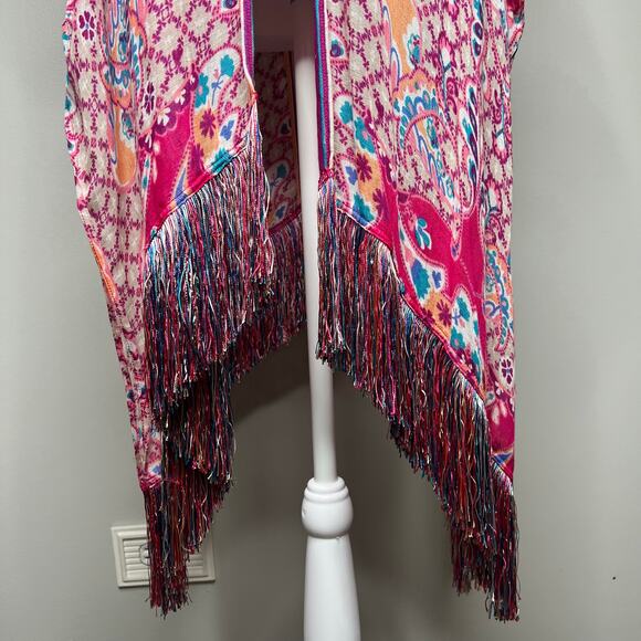 Chico's Colorful Pink Kimono Cover-Up Linen Blend Boho Fringe Beach Resort L/XL - Picture 5 of 11
